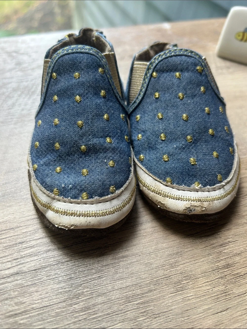 Robeez Blue Denim Slip-On Baby Shoes with Gold Dots
